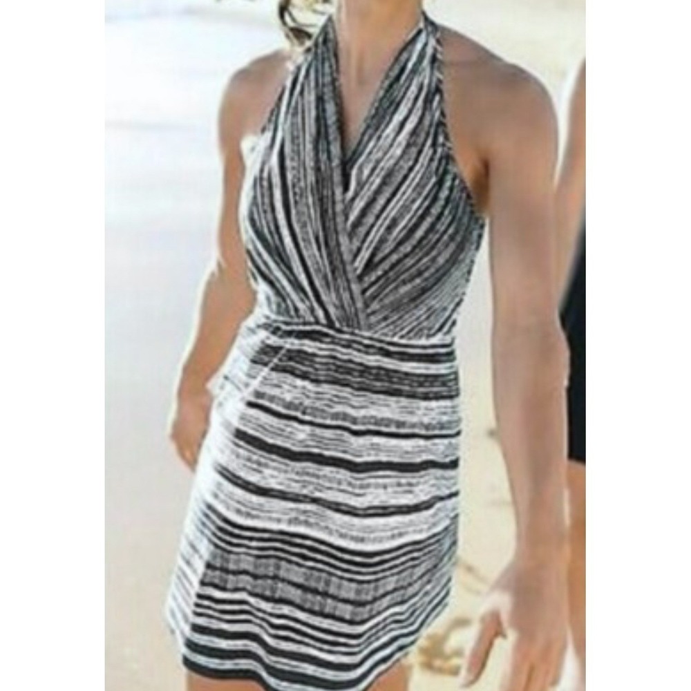 Athleta Navy White Stripe Halter Dress Smocked Back #964445 Women's Small EUC